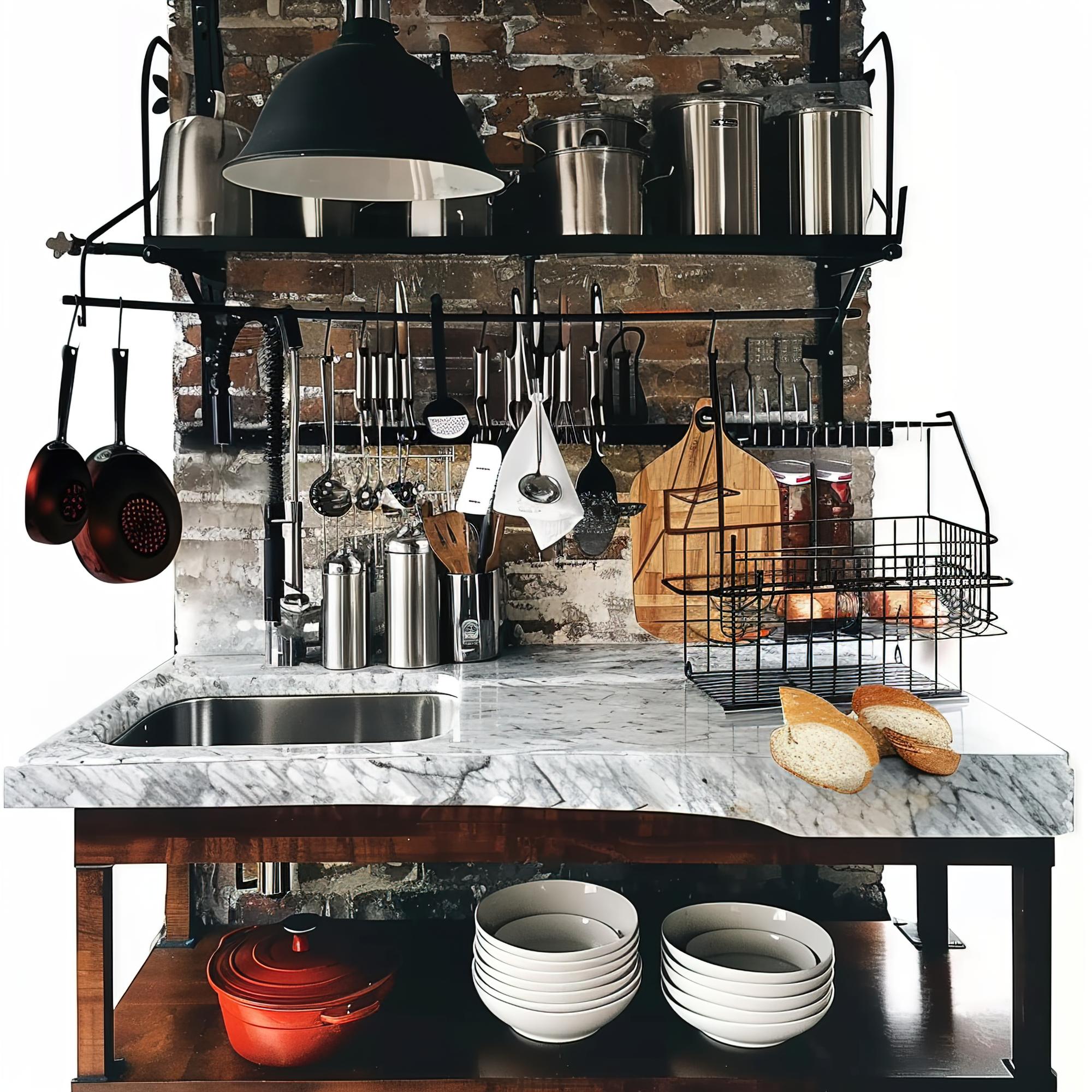 Workshop interior with stove and counter